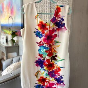 Frank Lyman cream tropical midi bodycon dress Sz 16